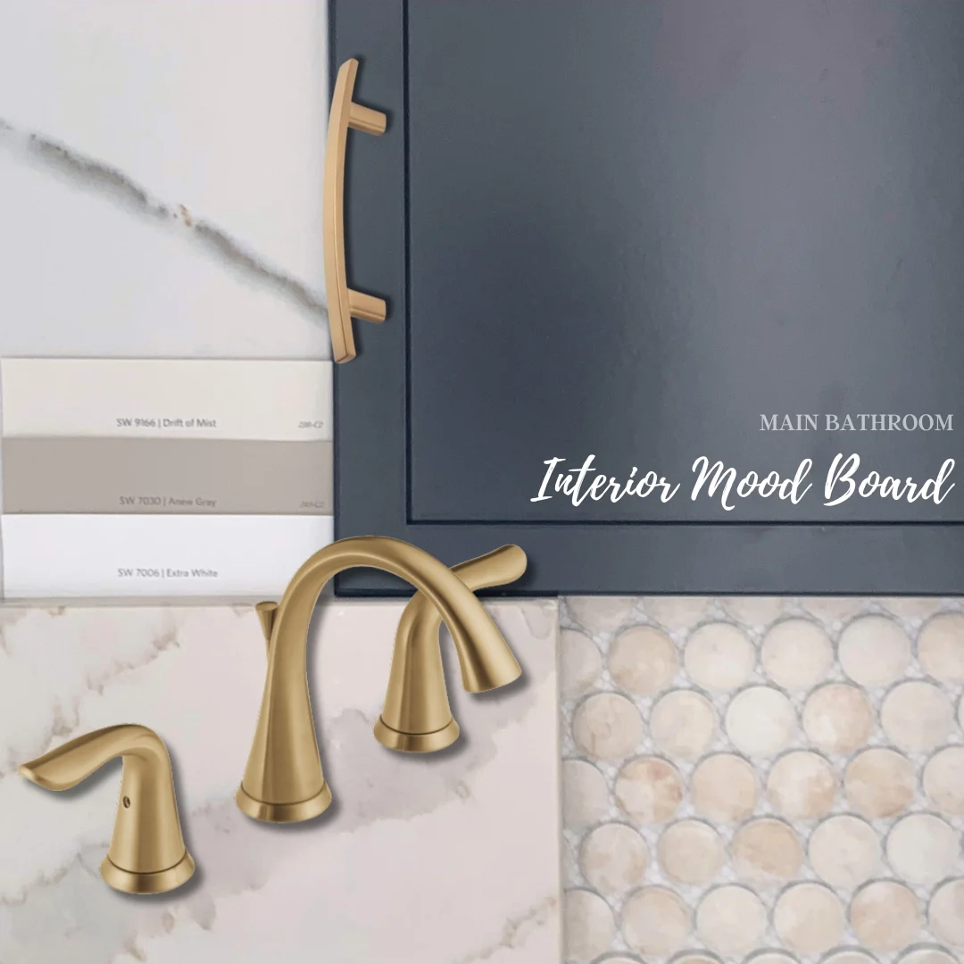 Main bathroom mood board with brass faucet, navy cabinet, marble texture, and color swatches by Pratt Home Builders in Chattanooga TN.