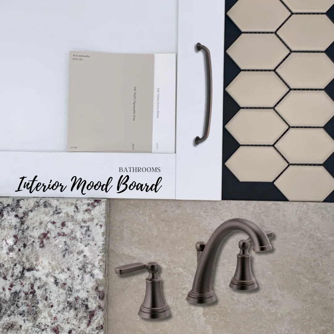 Bathroom interior mood board with hexagonal tiles, bronze faucet, granite sample, and paint swatches. Pratt Home Builders in Chattanooga TN.