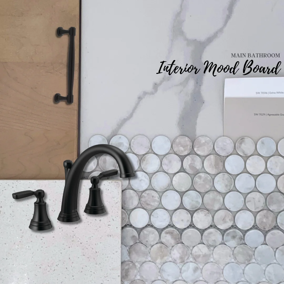 Bathroom interior mood board with wood, black fixtures, marble accents, and circular tiles by Pratt Home Builders in Chattanooga TN.