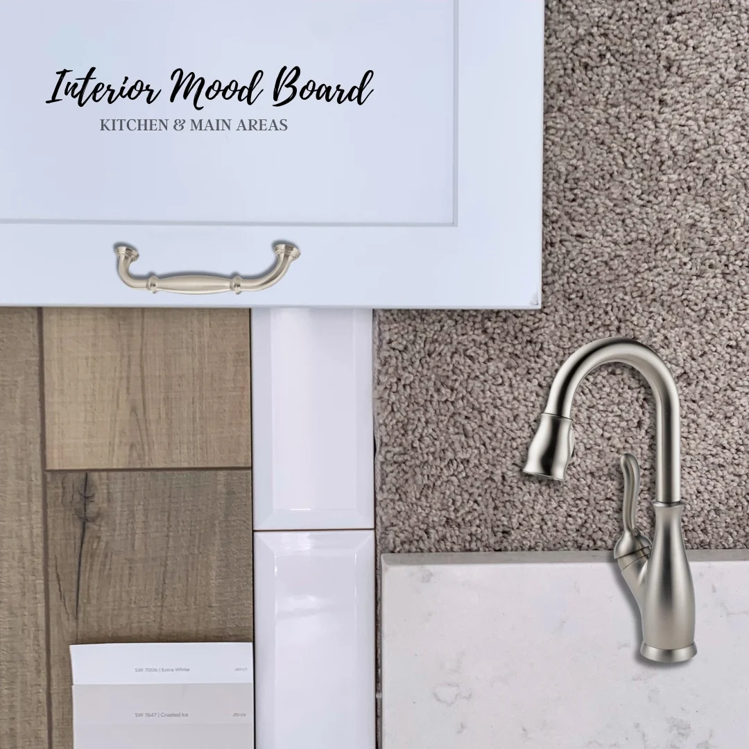 Interior mood board for kitchen and main areas, featuring wood, tile, and carpet samples next to a faucet; Pratt Home Builders, Chattanooga TN.