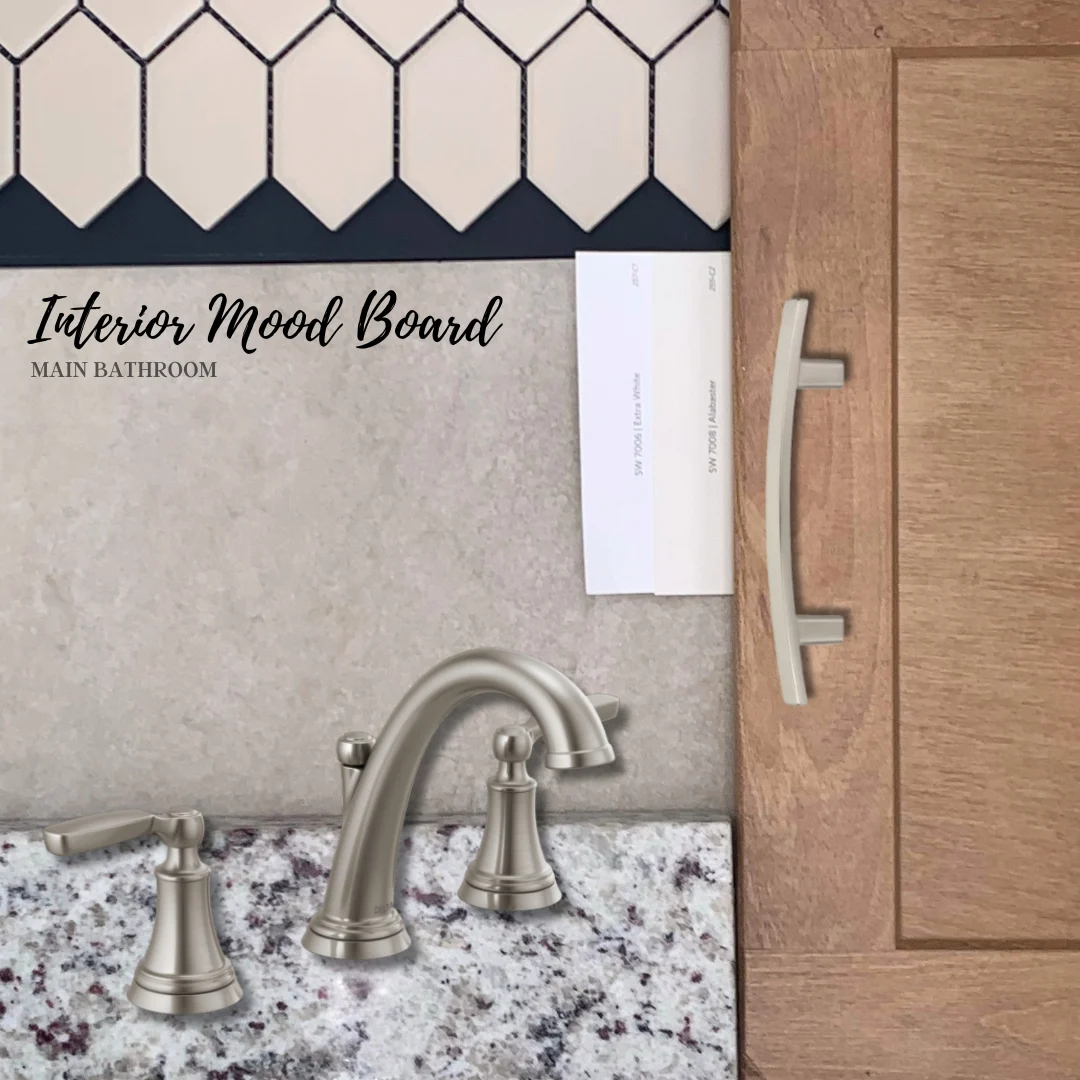 Interior mood board for main bathroom design by Pratt Home Builders in Chattanooga TN, featuring tile, faucet, countertop, and wood cabinet.