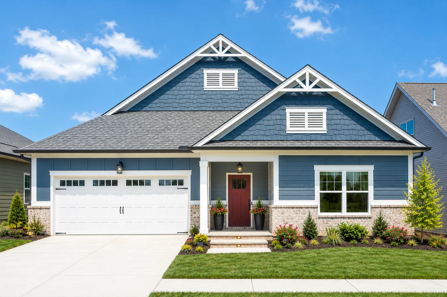Belvoir-floor-plan-exterior-front-homes-for-sale Blue and white house with red door, landscaped yard, and a double garage, built by Pratt Home Builders in Chattanooga TN.