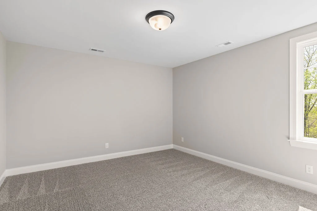 Empty room with light gray walls, carpet floor, ceiling light, and a window displaying green outdoor view, built by Pratt Home Builders in Chattanooga