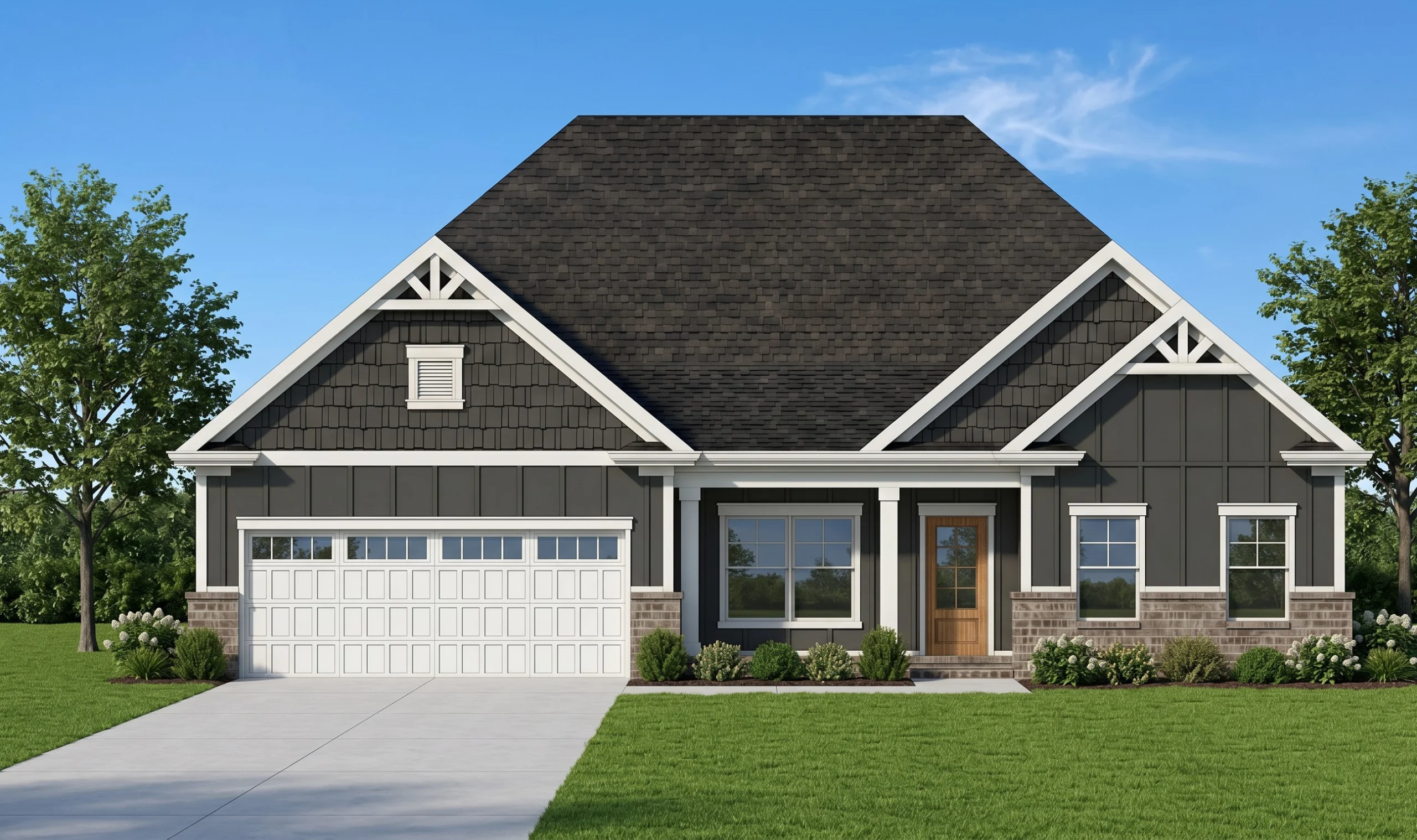 Modern single-story home with dark siding, a gabled roof, and a two-car garage, designed by Pratt Home Builders in Chattanooga TN.