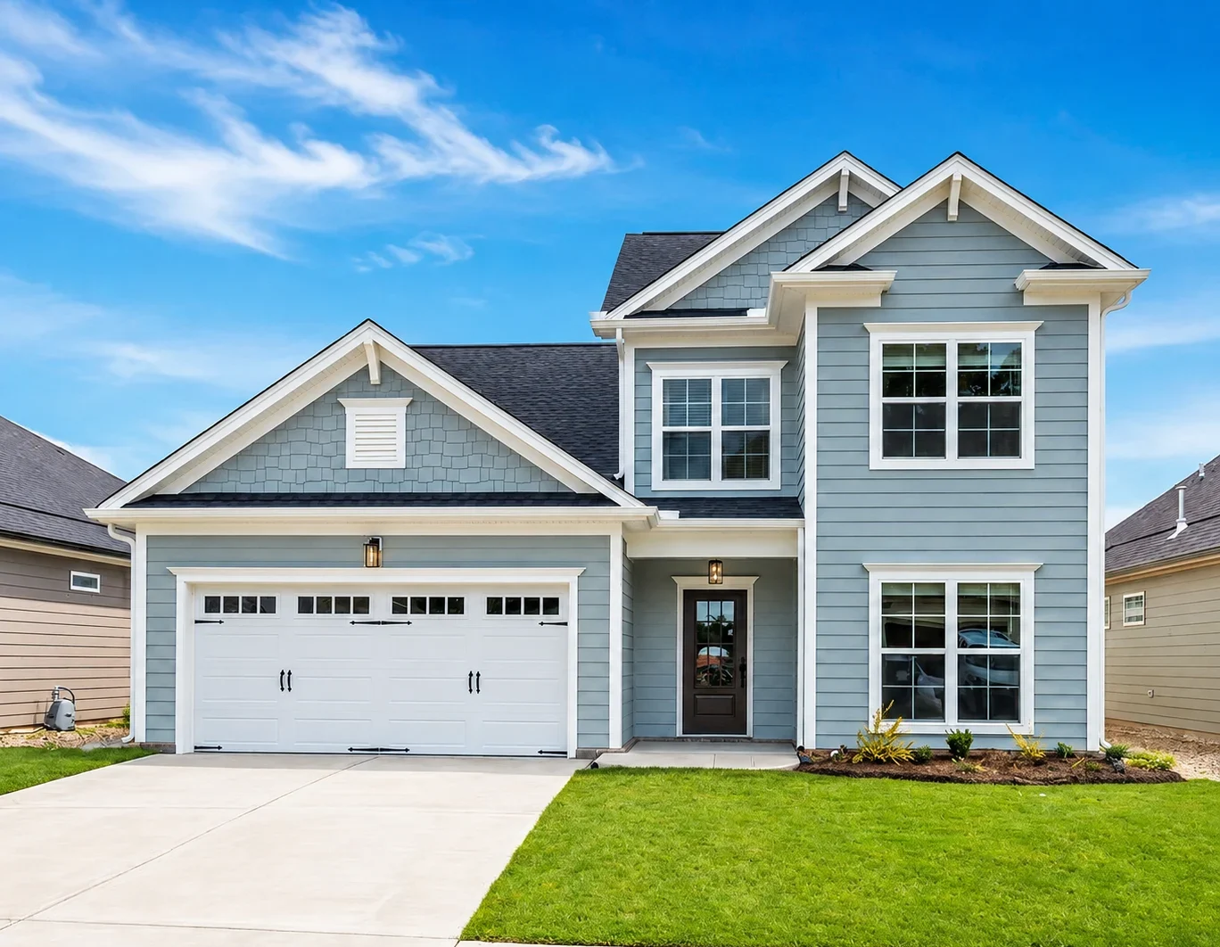 Modern two-story blue house with white trims, large windows, and double garage. Built by Pratt Home Builders in Chattanooga TN.