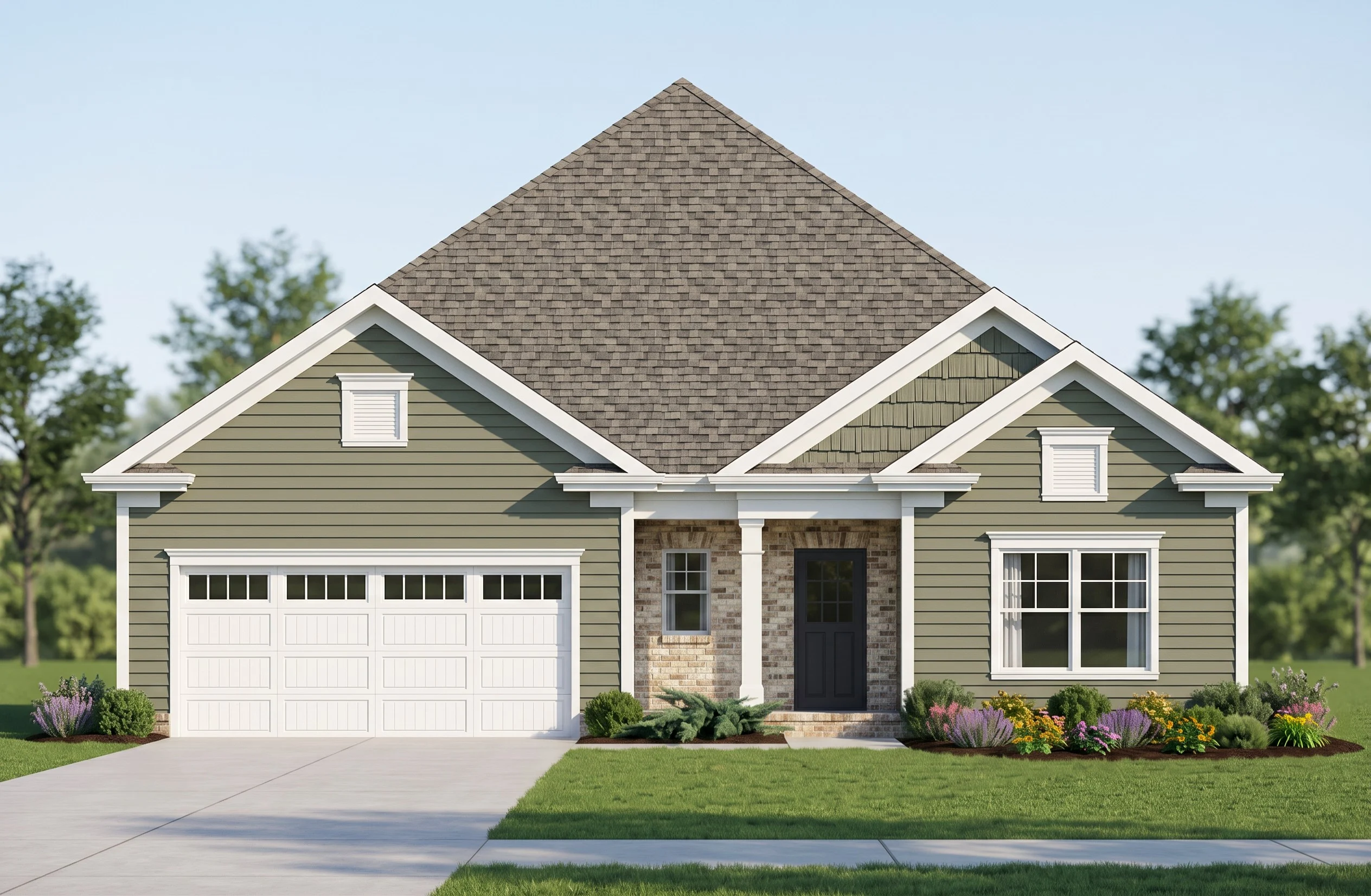 Gabled house with green siding, white trim, and a two-car garage, built by Pratt Home Builders in Chattanooga TN. Lush landscaping in front.