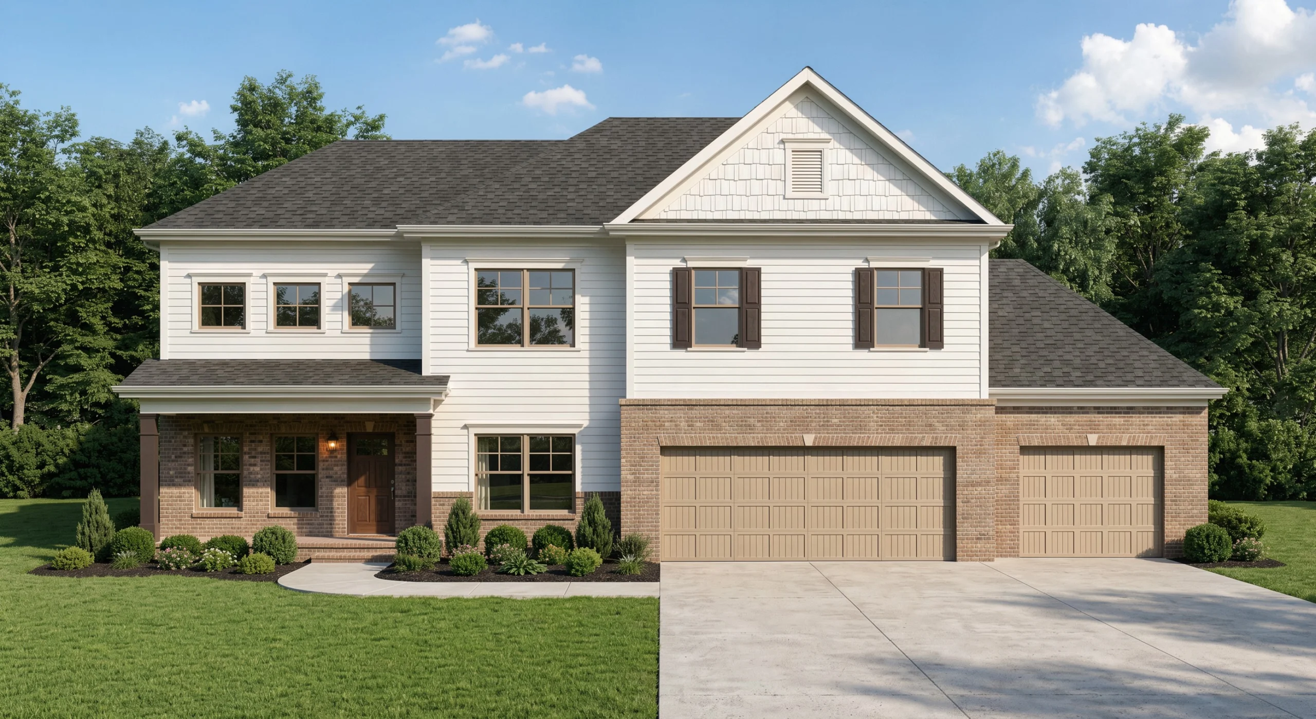 Two-story house with brick and white siding, three-car garage, and manicured lawn by Pratt Home Builders in Chattanooga, TN.