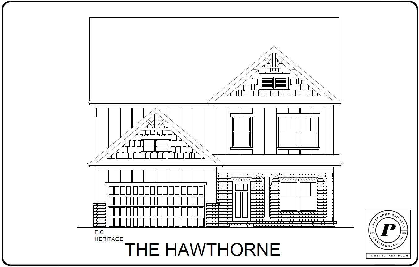 The Hawthorne home design by Pratt Home Builders, Chattanooga TN. Features a two-story layout, garage, gable roof, and decorative shutters.