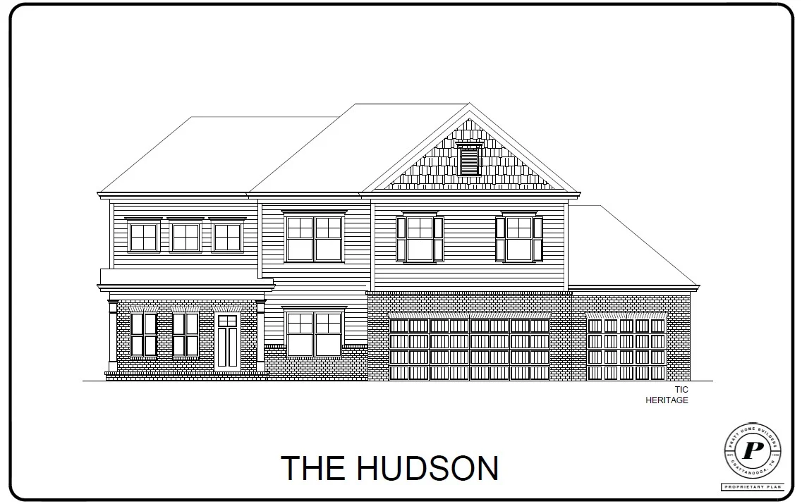 "The Hudson" house elevation by Pratt Home Builders in Chattanooga, TN features brick and siding, with a two-car garage.