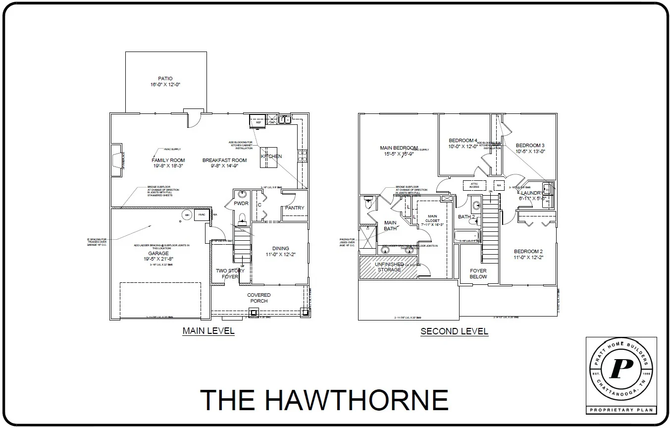 The Hawthorne floor plan from Pratt Home Builders in Chattanooga TN, featuring two levels, three bedrooms, and a two-story foyer.
