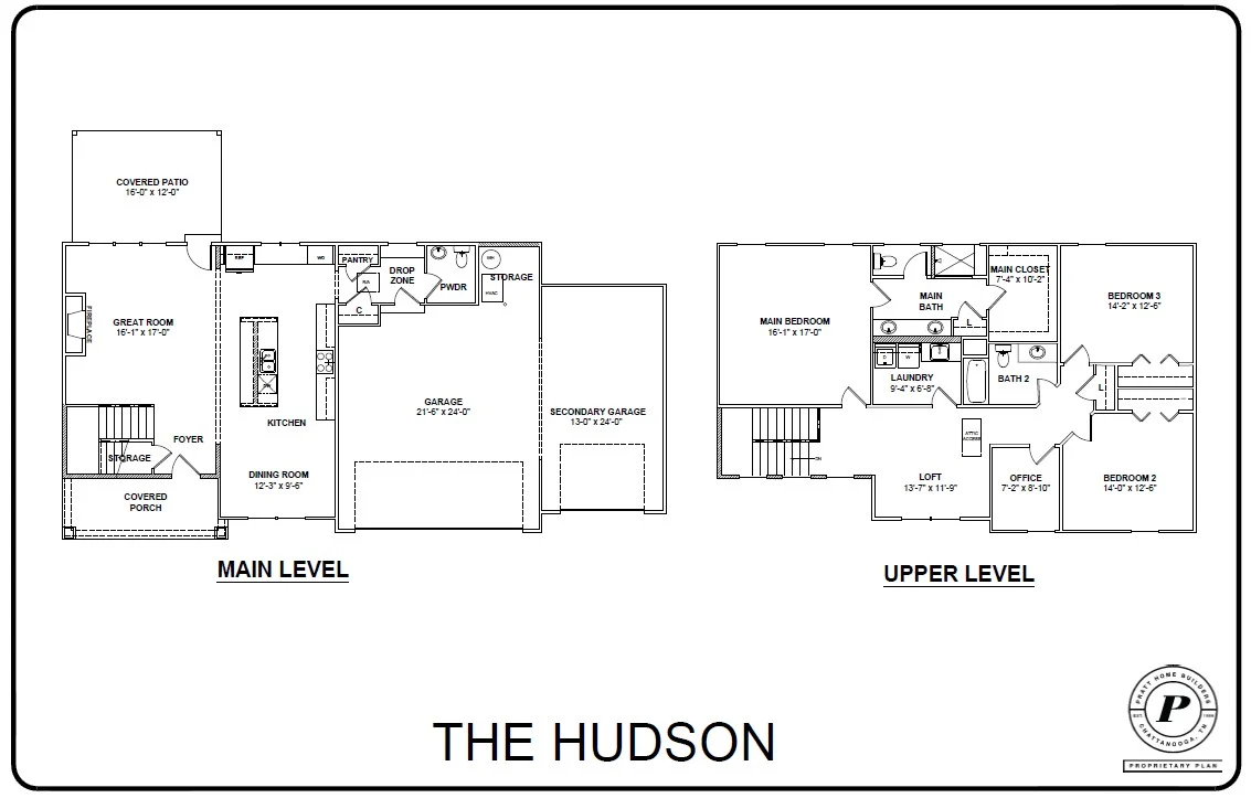 Floor plan for "The Hudson" by Pratt Home Builders in Chattanooga TN. Main level includes great room, kitchen, garage. Upper level features bedrooms.