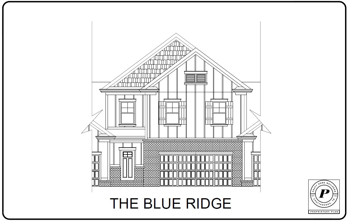 "The Blue Ridge" home design by Pratt Home Builders in Chattanooga TN, featuring a two-story structure with gabled roof and double garage.