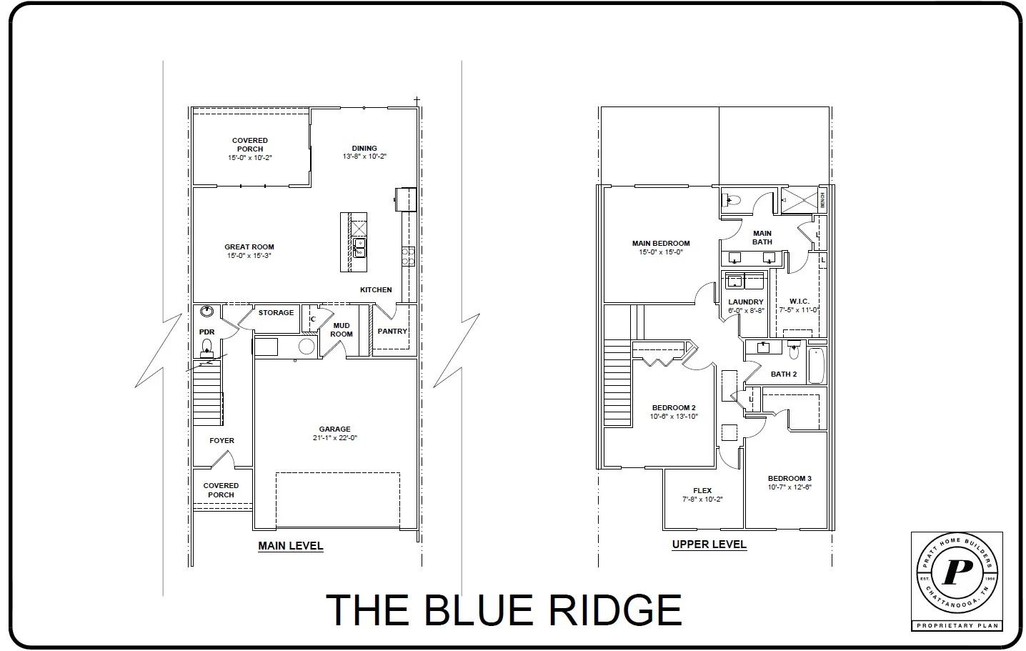 Floor plan for "The Blue Ridge" by Pratt Home Builders in Chattanooga TN, featuring main and upper levels with rooms and dimensions labeled.