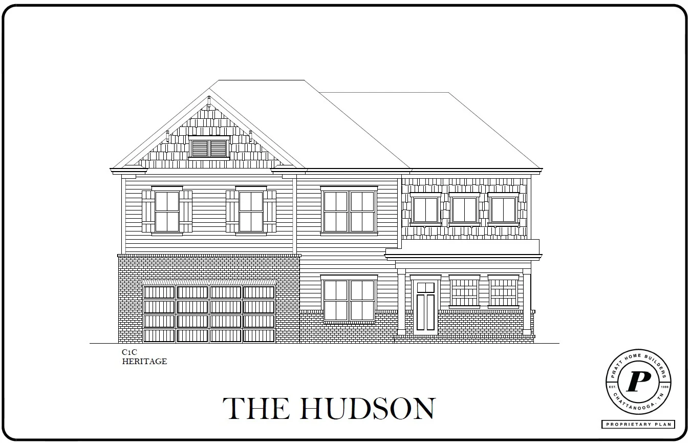 Architectural drawing of "The Hudson" home design by Pratt Home Builders in Chattanooga, TN, featuring a two-story facade with a garage.