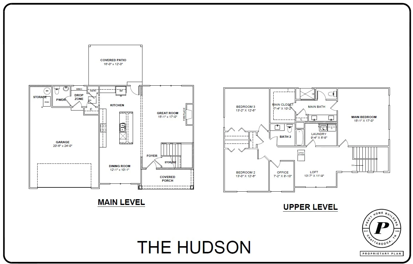 The Hudson floor plan by Pratt Home Builders in Chattanooga TN features main and upper levels with three bedrooms, great room, and loft.