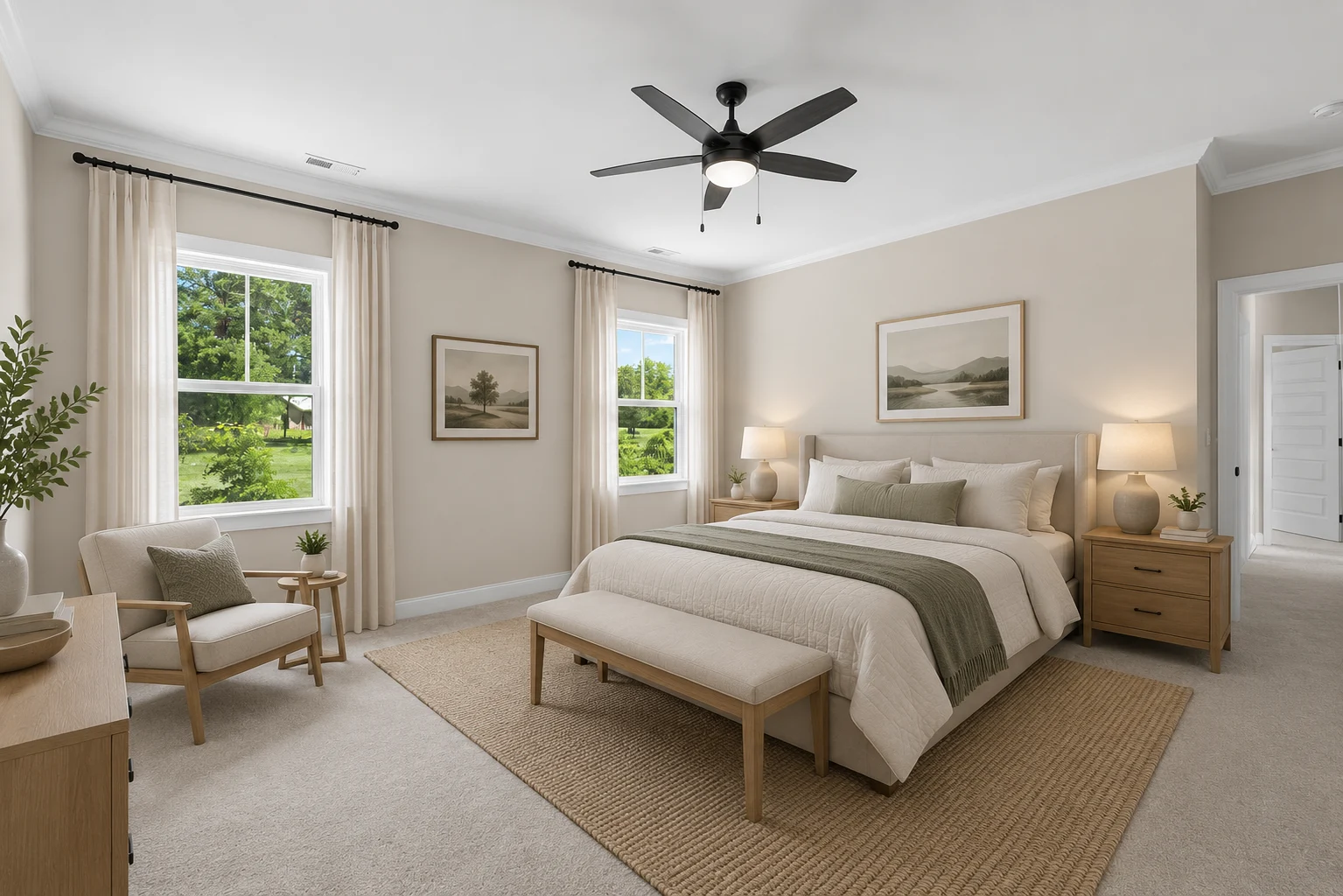 Modern bedroom with neutral tones, large windows, and stylish decor by Pratt Home Builders in Chattanooga TN. Cozy chair and framed art enhance warmth