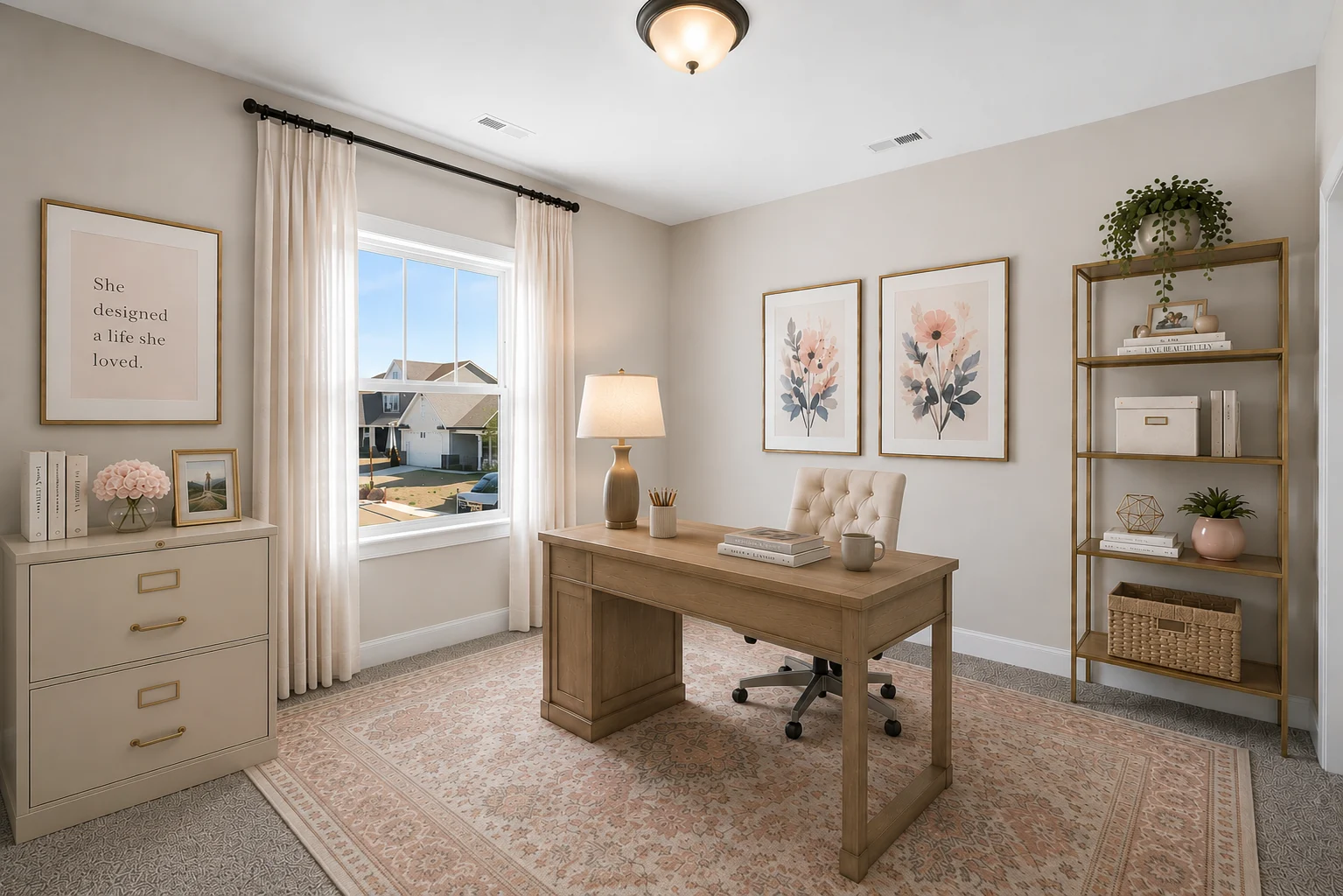 Elegant home office with a wooden desk, chair, and bookshelf, designed by Pratt Home Builders in Chattanooga TN. Neutral tones and floral decor.