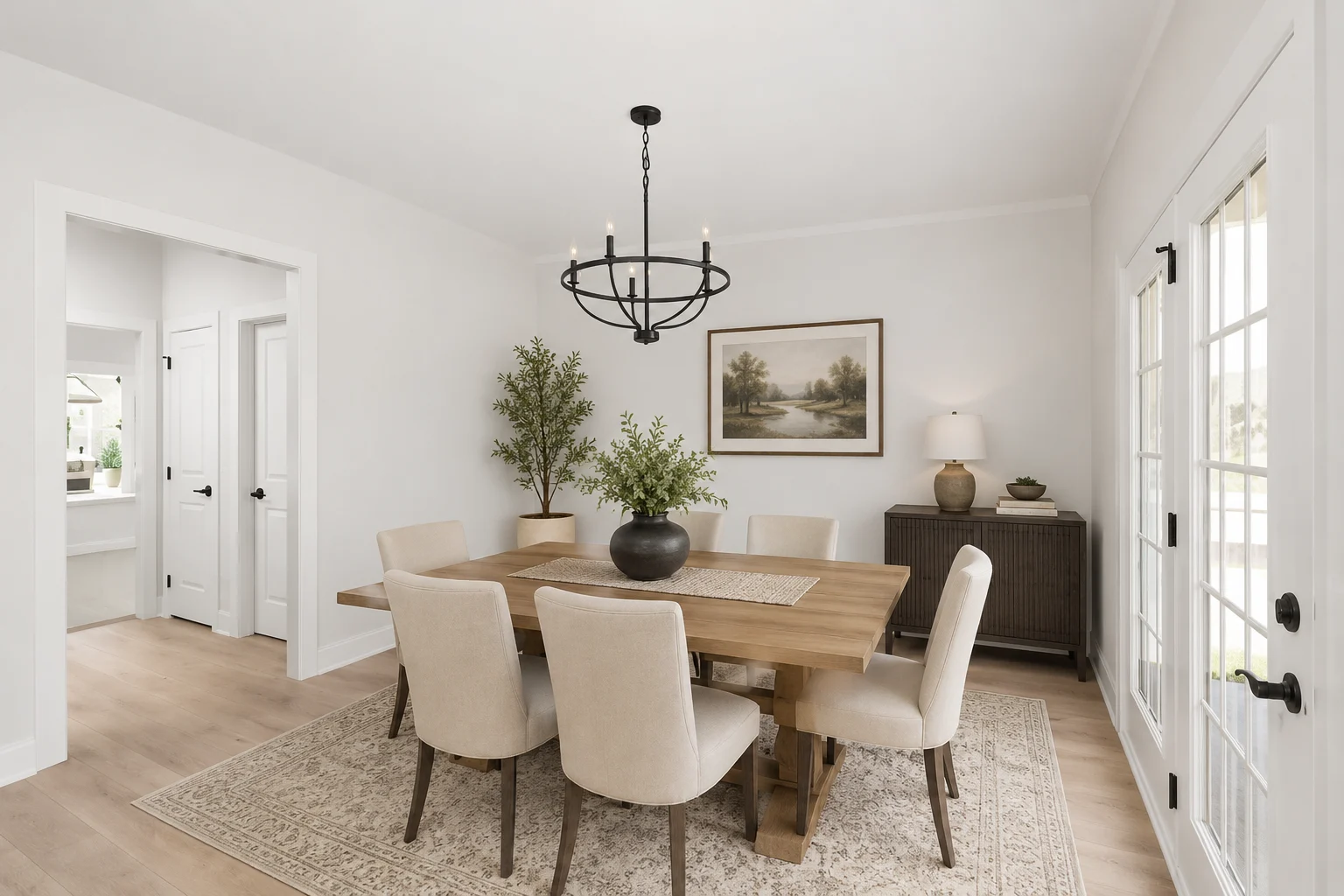 Dining room featuring a wooden table, six beige chairs, potted plants, and elegant decor; design by Pratt Home Builders in Chattanooga TN.