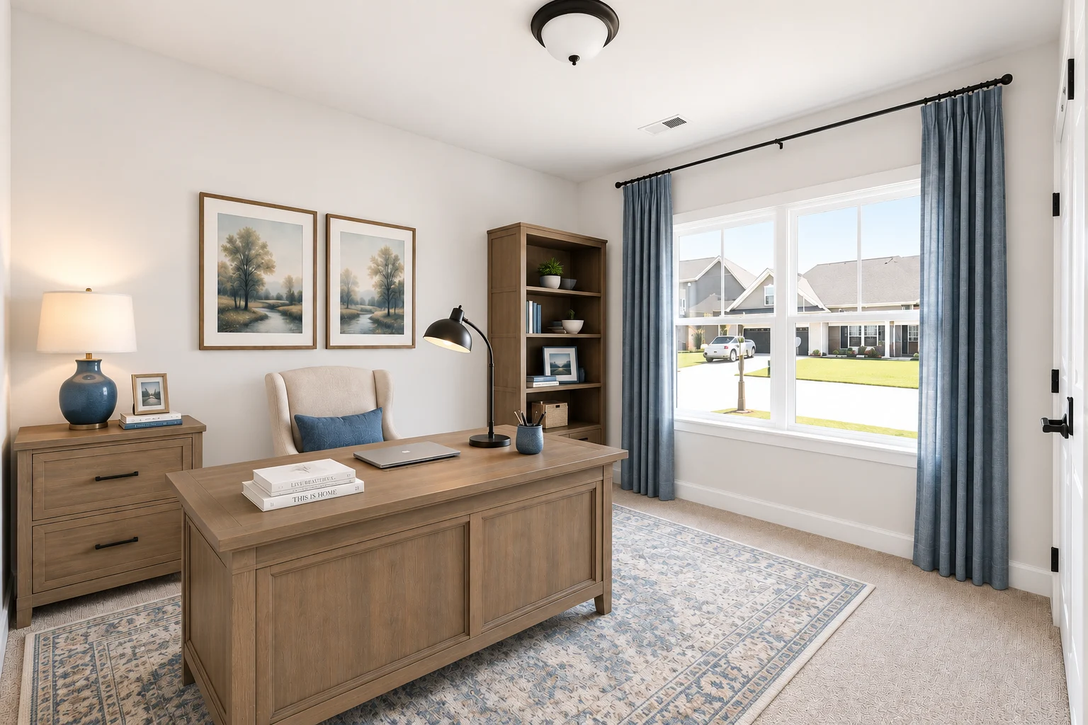 Home office with wooden desk, beige chair, bookshelf, blue curtains, and framed landscape art. Built by Pratt Home Builders in Chattanooga TN.