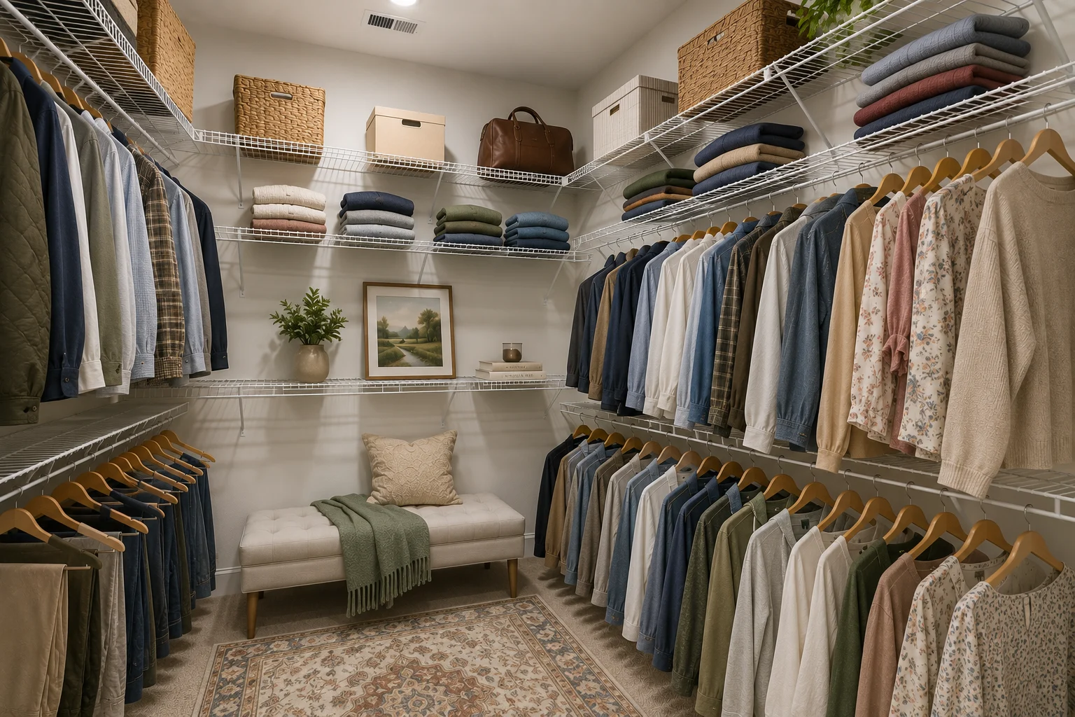Organized walk-in closet with clothes, baskets, and folded sweaters. Bench with pillow and throw. Pratt Home Builders in Chattanooga TN.