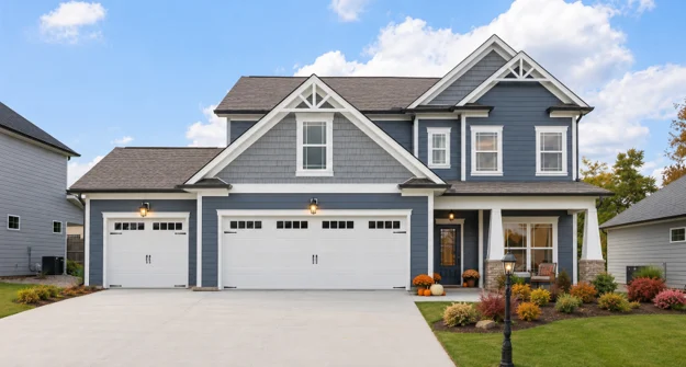 intro Modern two-story blue house with white accents, three-car garage, well-maintained lawn, and landscaping by Pratt Home Builders in Chattanooga, TN.