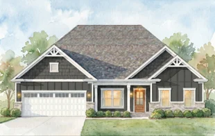 number2-1 Illustration of a single-story house with dark siding, white trim, and a two-car garage, by Pratt Home Builders in Chattanooga TN.