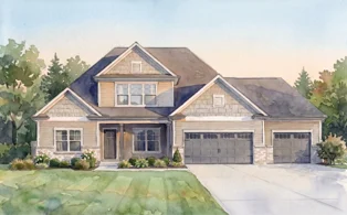 number2-2 Craftsman-style home with stone accents, manicured lawn, and three-car garage, designed by Pratt Home Builders in Chattanooga TN.
