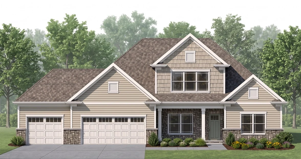 Modern beige house with stone accents, three-car garage, surrounded by trees; designed by Pratt Home Builders in Chattanooga TN.