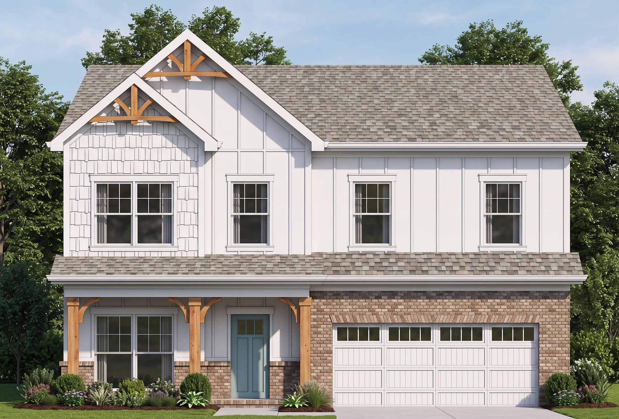 Two-story house with gable roof, white siding, and brick accents. Built by Pratt Home Builders in Chattanooga TN. Green lawn and shrubs.