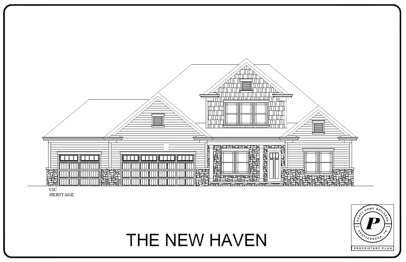 Architectural drawing of The New Haven model featuring a two-story house by Pratt Home Builders in Chattanooga TN.