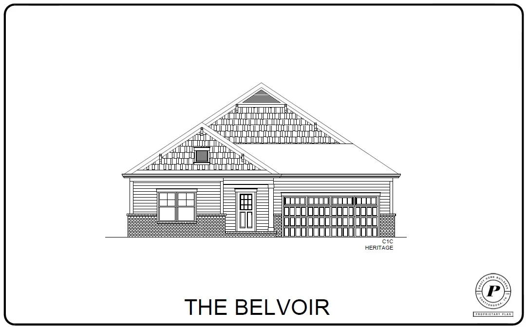 Blueprint of "The Belvoir" home design by Pratt Home Builders in Chattanooga, TN. Features include a gabled roof and double garage.