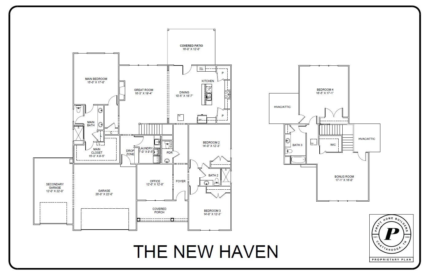 Floor plan of "The New Haven" by Pratt Home Builders in Chattanooga TN, featuring four bedrooms, a great room, and a covered patio.
