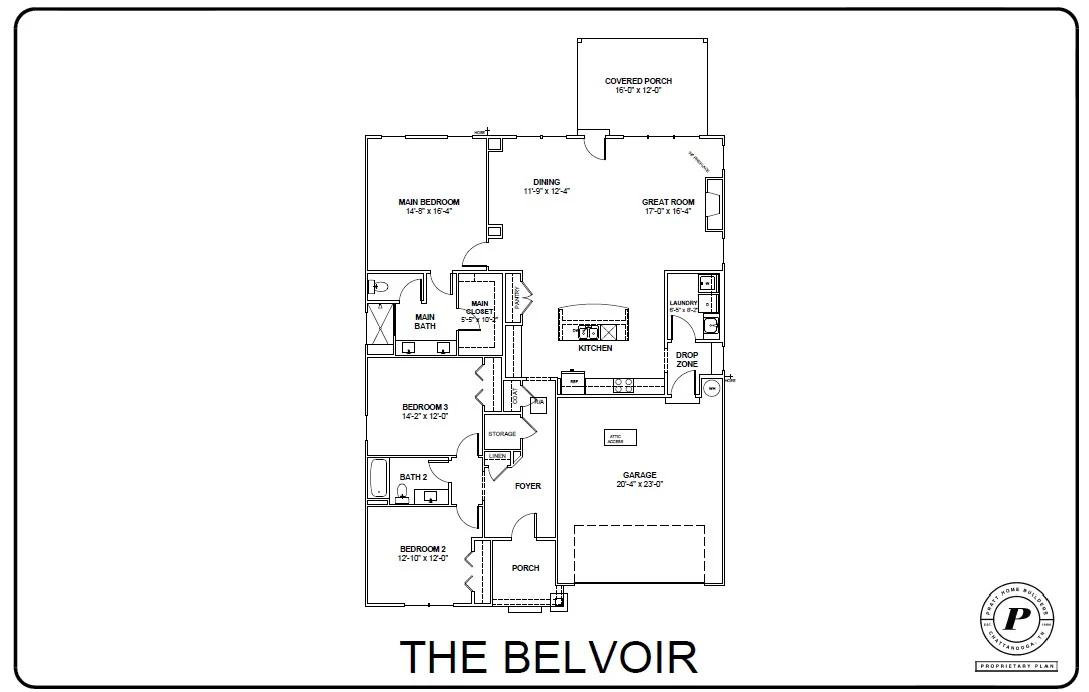 Floor plan of "The Belvoir" by Pratt Home Builders in Chattanooga TN, featuring three bedrooms, two baths, a great room, kitchen, and garage.