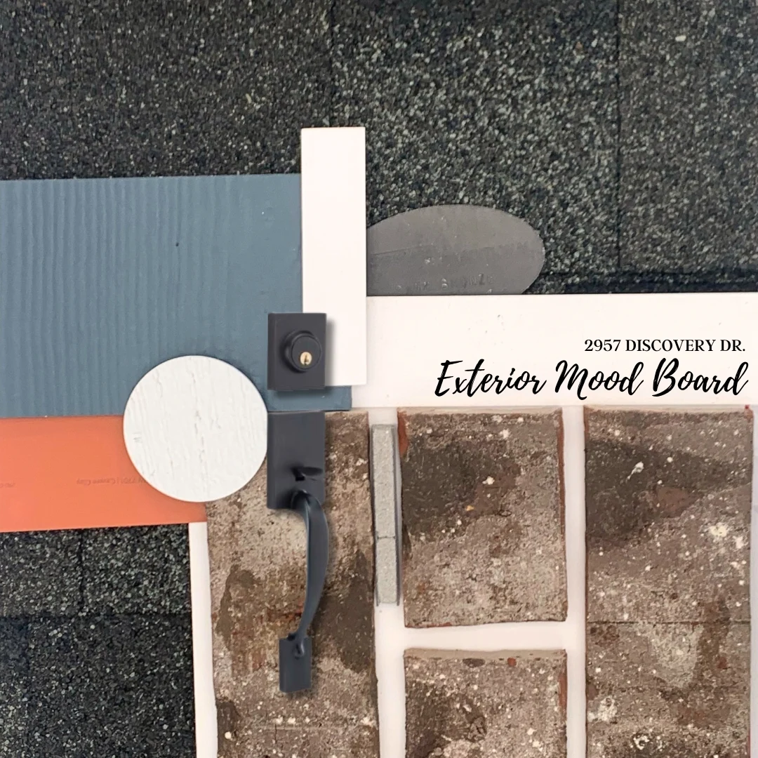 Exterior mood board by Pratt Home Builders in Chattanooga TN featuring shingles, blue siding, brick, and door handle at 2957 Discovery Dr.