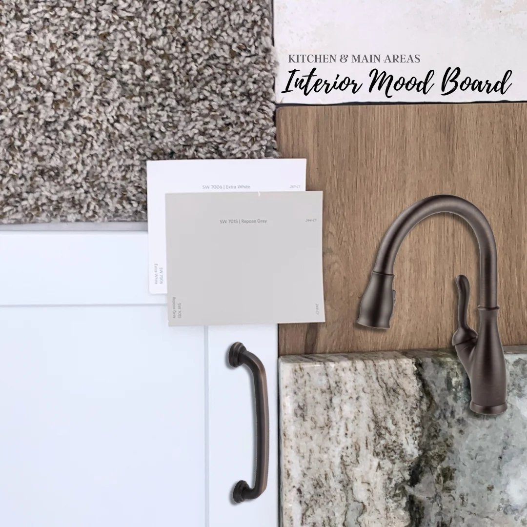 Interior mood board with carpet, paint swatches, wood, granite, faucet, and cabinet handle by Pratt Home Builders in Chattanooga TN.