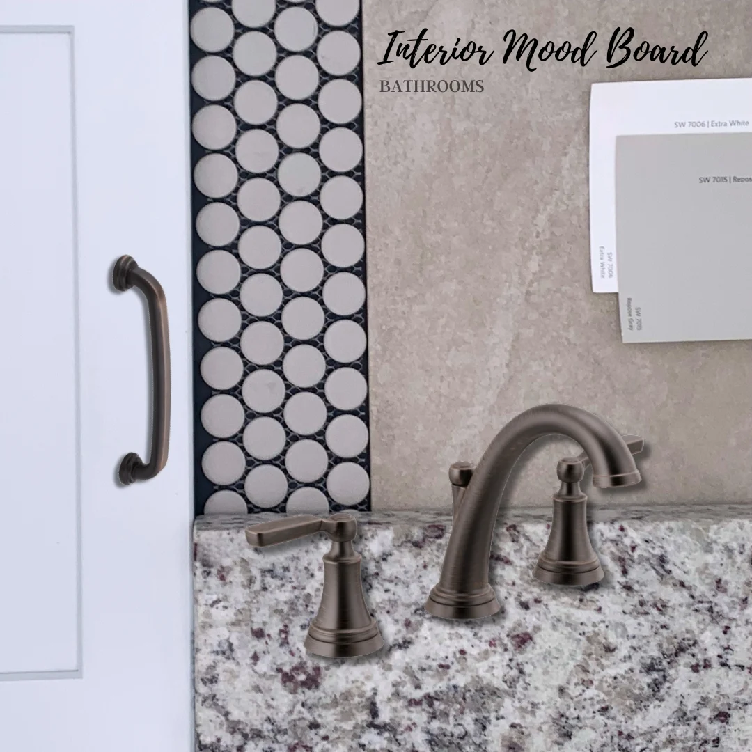 Bathroom mood board with modern faucet, granite countertop, circle tiles, and color swatches. Design by Pratt Home Builders in Chattanooga TN.