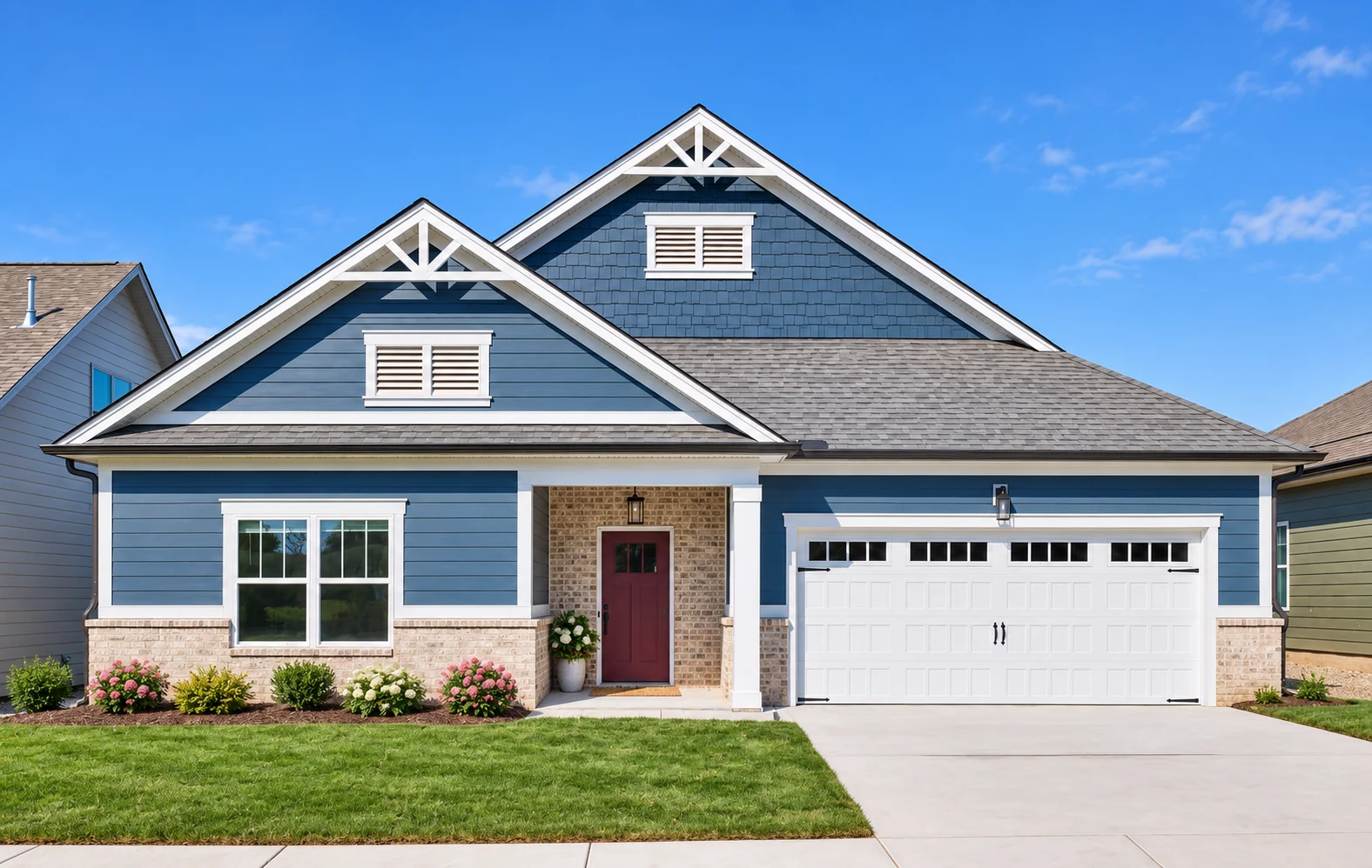 Charming blue and brick home with red door and white garage by Pratt Home Builders in Chattanooga TN, surrounded by manicured lawn and pink flowers.