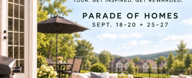 Pratt Home Builders in Chattanooga TN promote Parade of Homes with an inviting patio scene, featuring outdoor seating and lush greenery.