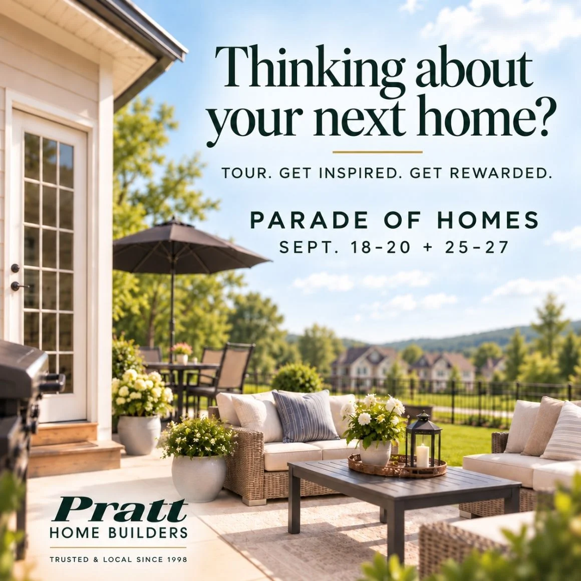 Pratt Home Builders in Chattanooga TN promote Parade of Homes with an inviting patio scene, featuring outdoor seating and lush greenery.