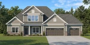 Modern gray house with gabled roof, two-car garage, and manicured lawn, built by Pratt Home Builders in Chattanooga TN.