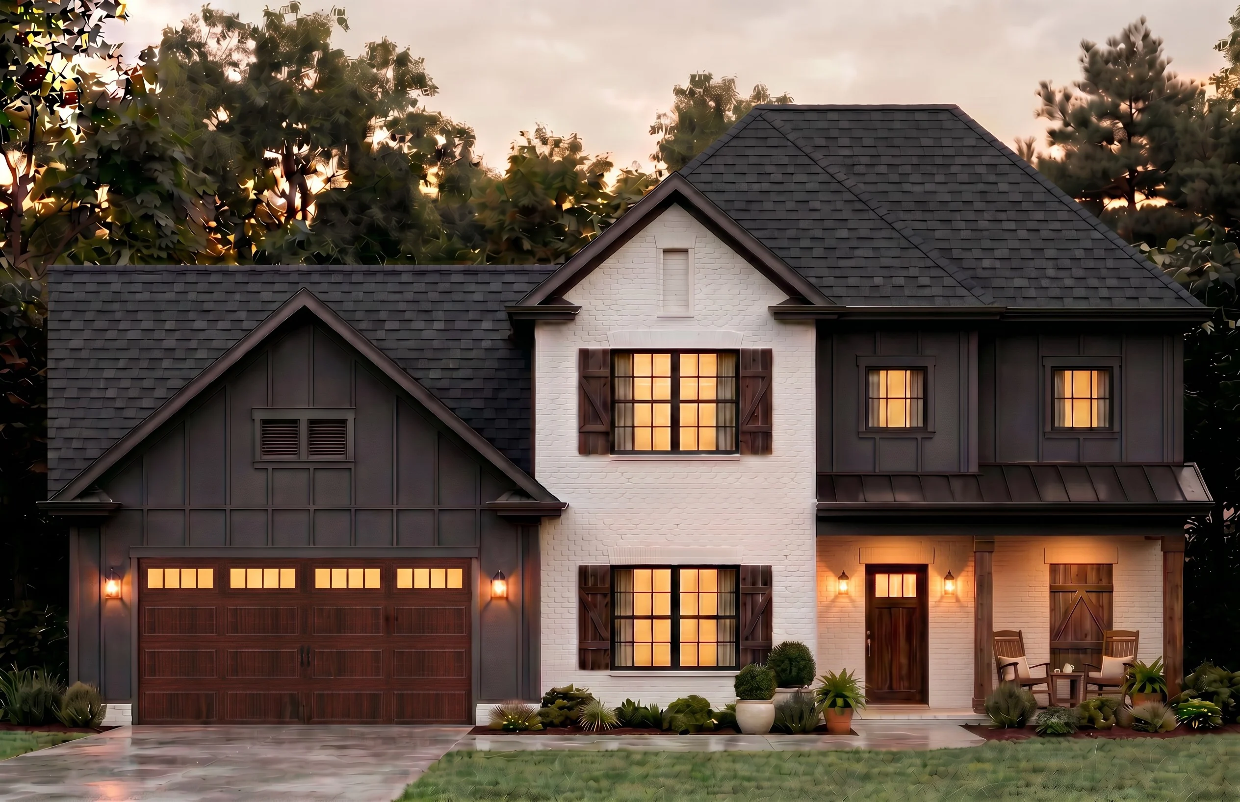 Charming two-story home with brick and dark siding, warm lighting, porch seating. Built by Pratt Home Builders in Chattanooga TN.
