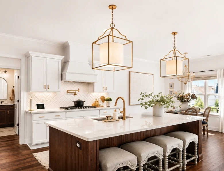 Modern kitchen by Pratt Home Builders in Chattanooga TN, featuring white cabinetry, a large island with seating, and elegant pendant lighting.