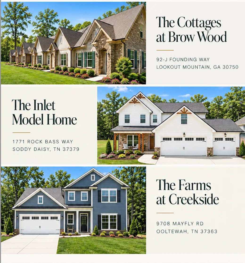 Homes by Pratt Home Builders in Chattanooga TN: The Cottages at Brow Wood, The Inlet Model Home, The Farms at Creekside, with address details.