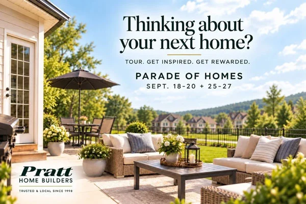 thinking-about-your-next-home Outdoor seating area with lush landscape, promoting Pratt Home Builders in Chattanooga TN. Text: "Thinking about your next home? Parade of Homes Sept.
