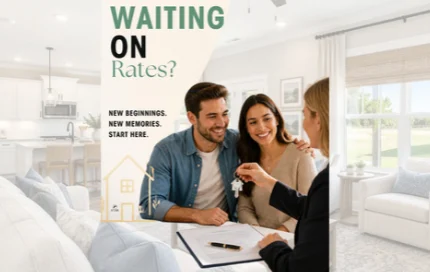Smiling couple receiving house keys from agent in bright living room, promoting Pratt Home Builders in Chattanooga TN. "Waiting on Rates?" text includ