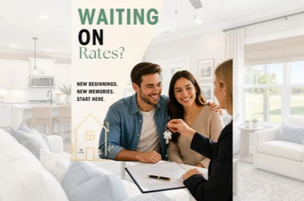 Smiling couple receiving house keys from agent in bright living room, promoting Pratt Home Builders in Chattanooga TN. "Waiting on Rates?" text includ